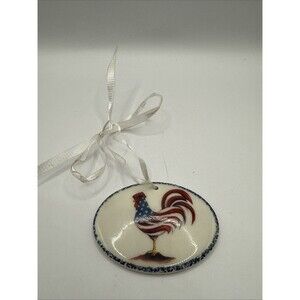 Vtg. Gerald HENN Pottery Rooster Ornament / Basket Tie-On Blue Trim